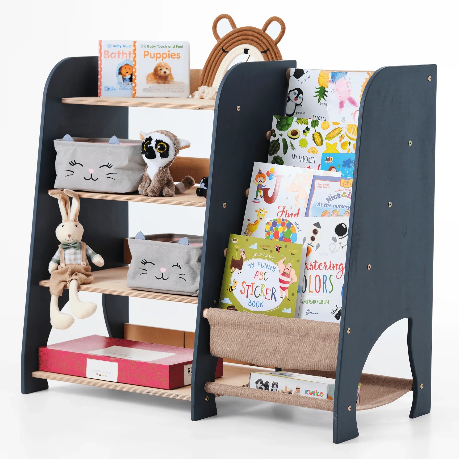 2-in-1 Montessori Regal für Bücher und Spielzeug aus Holz mit Kinderbüchern und Plüschtieren, Verysuperb