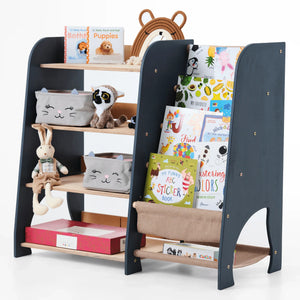 2-in-1 Montessori Regal für Bücher und Spielzeug aus Holz mit Kinderbüchern und Plüschtieren, Verysuperb