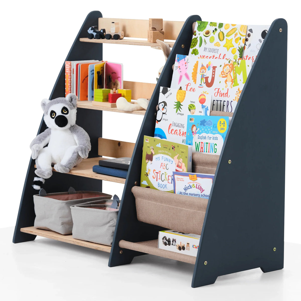 2-in-1 Montessori Regal für Kleinkinder mit Büchern, Spielzeug und Stofftieren