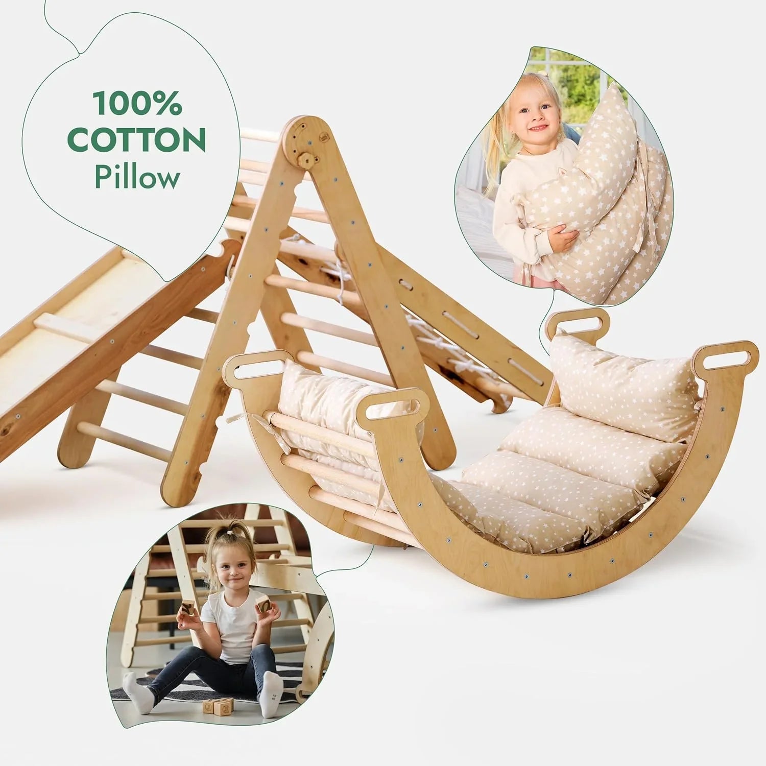 5-in-1 Montessori Klettergerüst Set aus Holz mit Rutsche, Kletterbogen und Baumwollkissen für Kinder