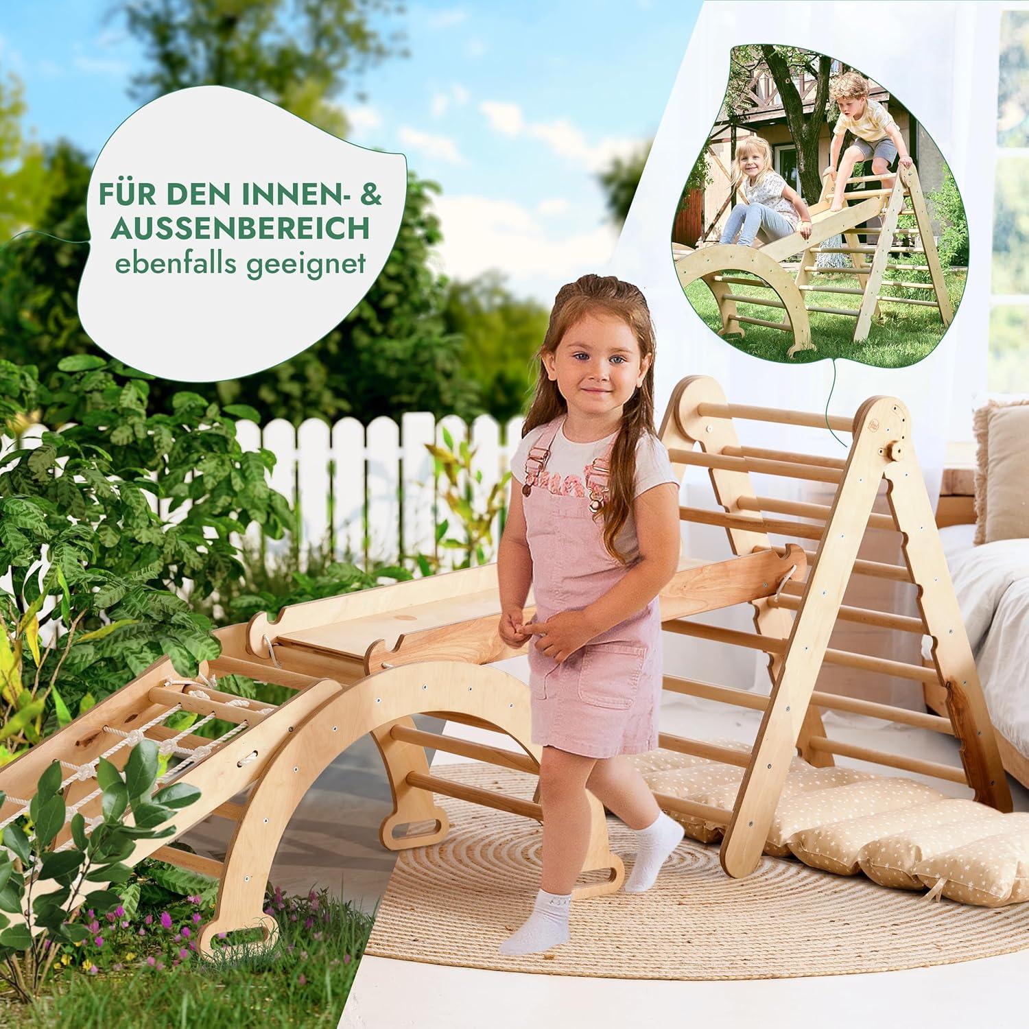 5in1 Montessori Klettergerüst Set mit Kletterdreieck Rutsche Kletterbogen Kletternetz und Kissen