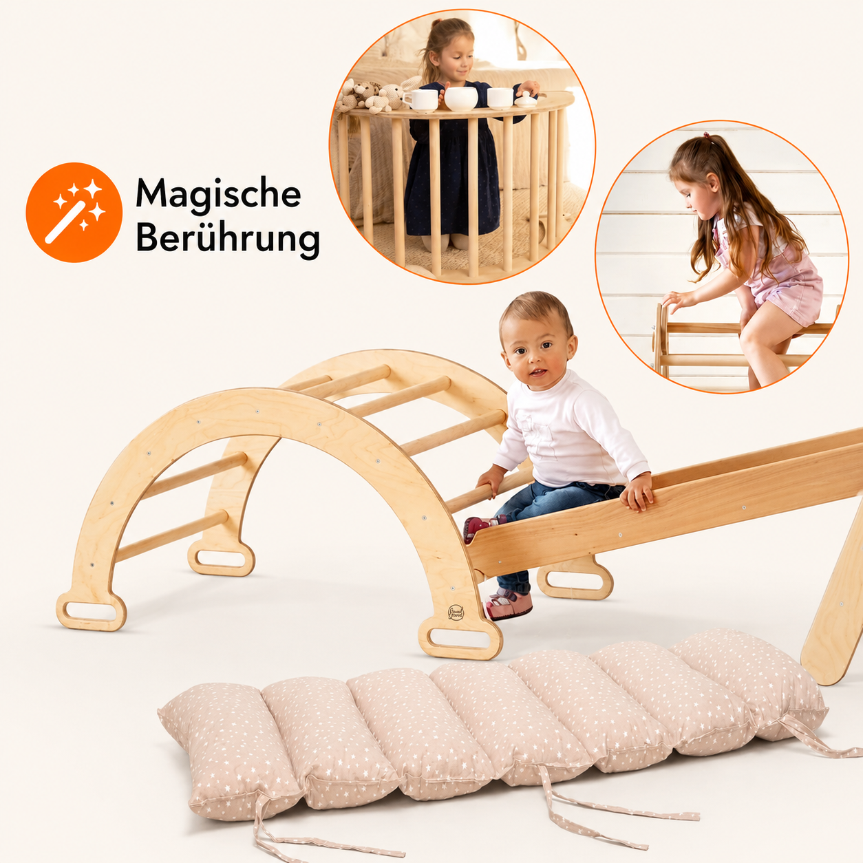 5in1 Montessori Klettergerüst Set – Dreieck, Rutsche, Bogen Netz inkl. Kissen | Goodevas