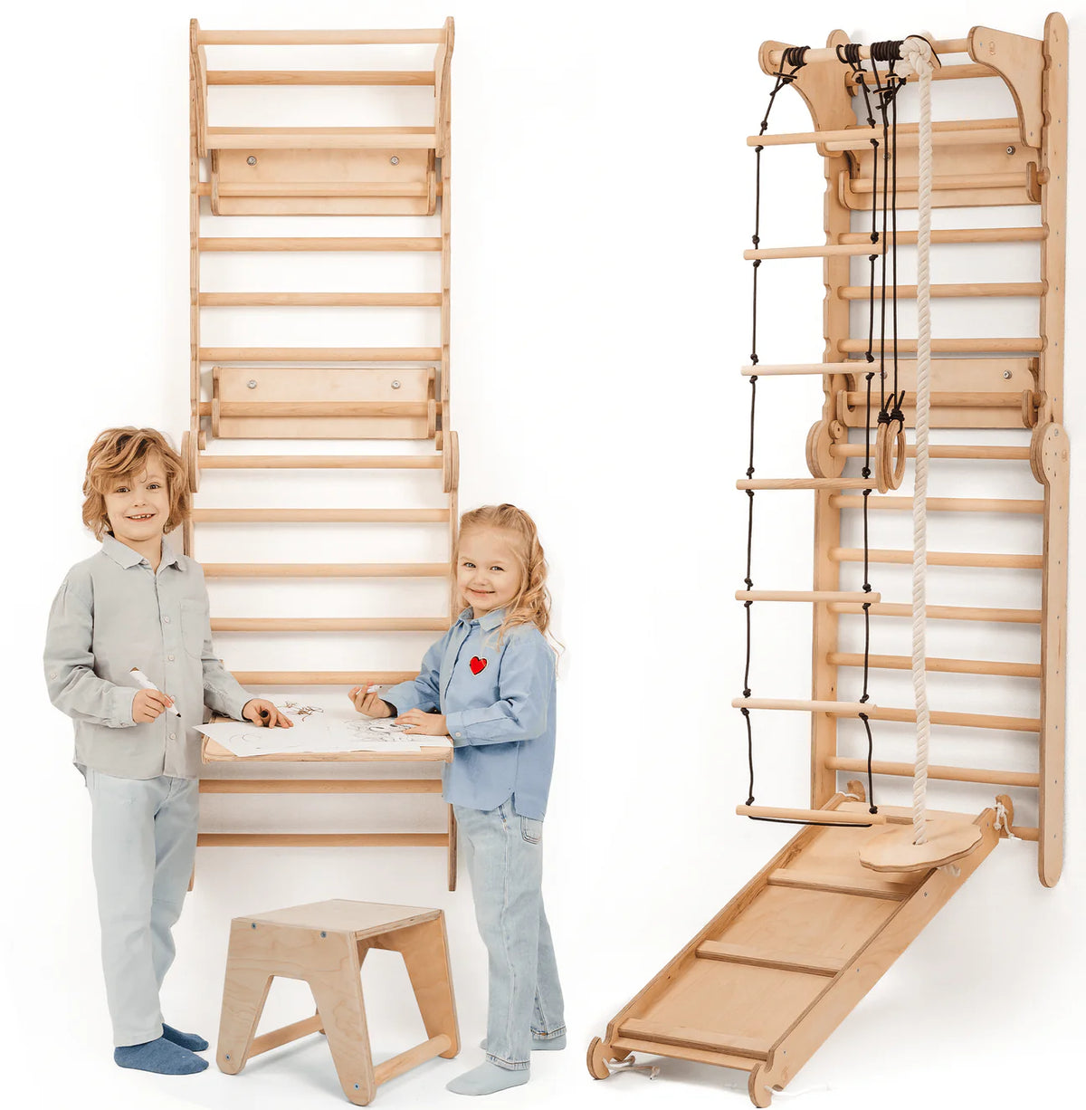 Montessori 7in1 Kletterwand Indoor – Sprossenwand mit Schaukel, Rutsche & Maltafel | Goodevas
