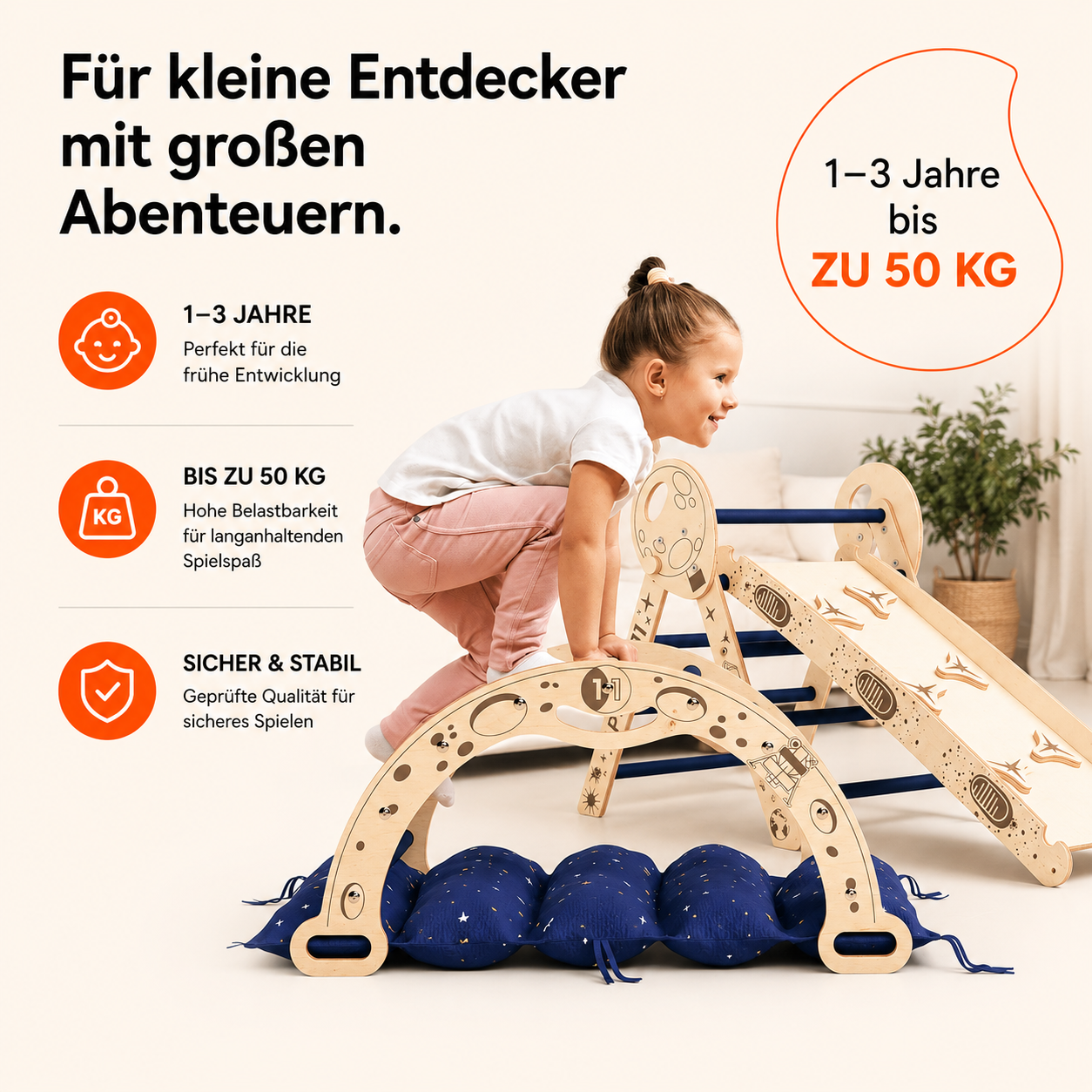 Apollo 4in1 Kletterset aus Holz mit Kletterdreieck, Bogen, Rutschbrett und Sternenkissen, inspiriert von Raumfahrt, Montessori Spielzeug für Kinder, verysuperb