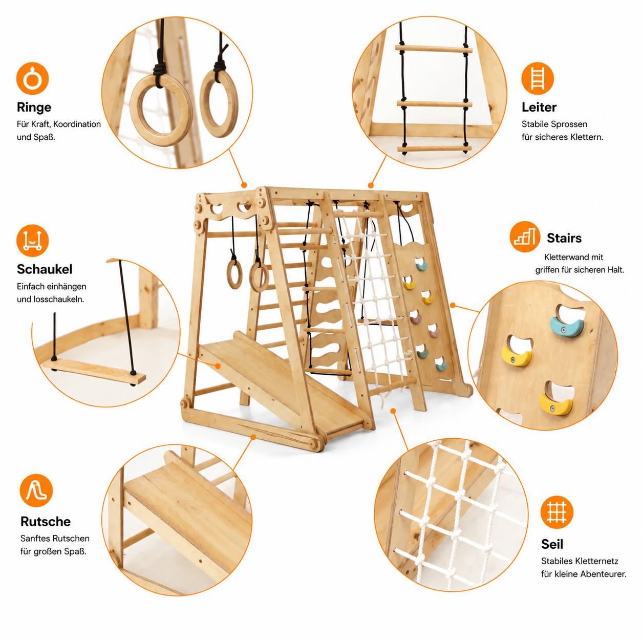 Montessori 6in1 Indoor Spielplatz – Klettergerüst mit Schaukel & Rutsche | Goodevas