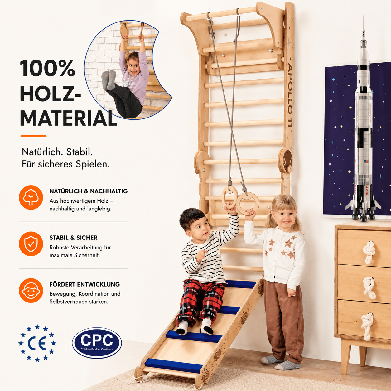 Kinder Kletterleiter und Rutsche aus Holz Apollo 11, Montessori Spielzeug bei Verysuperb