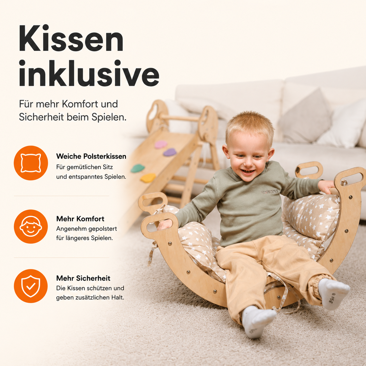 Montessori 4in1 Kletterdreieck Baby Set – Pikler-Dreieck mit Bogen Kissen