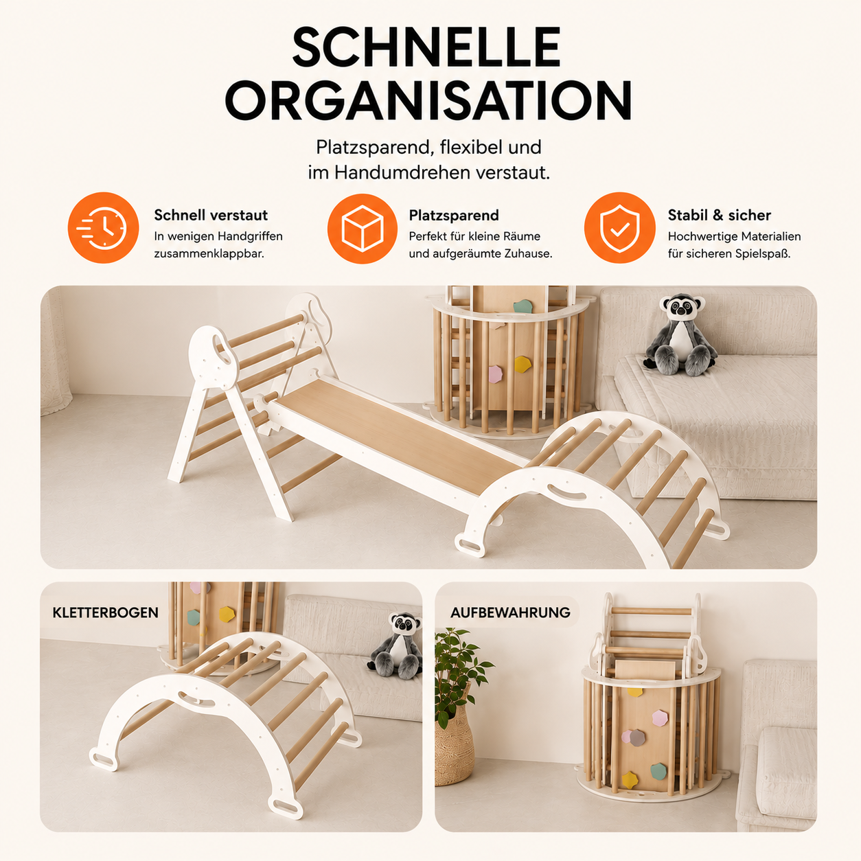 Montessori 4in1 Kletterdreieck Baby Set – Pikler-Dreieck mit Bogen Kissen Organistaon