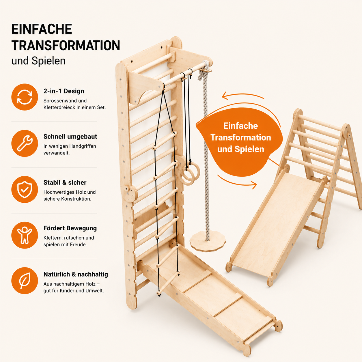 Montessori 6in1 Kletterwand Indoor – Sprossenwand mit Schaukel Rutsche