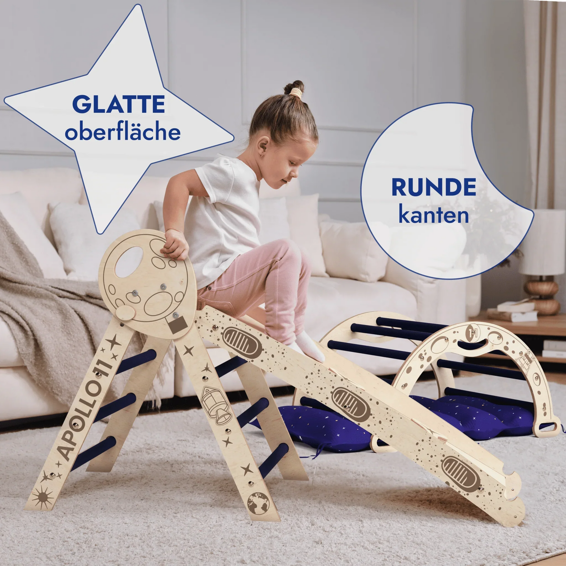 Kind spielt auf Apollo 4-in-1 Kletterset aus Holz mit Rutschbrett und Kissen, indoor, Montessori inspiriert
