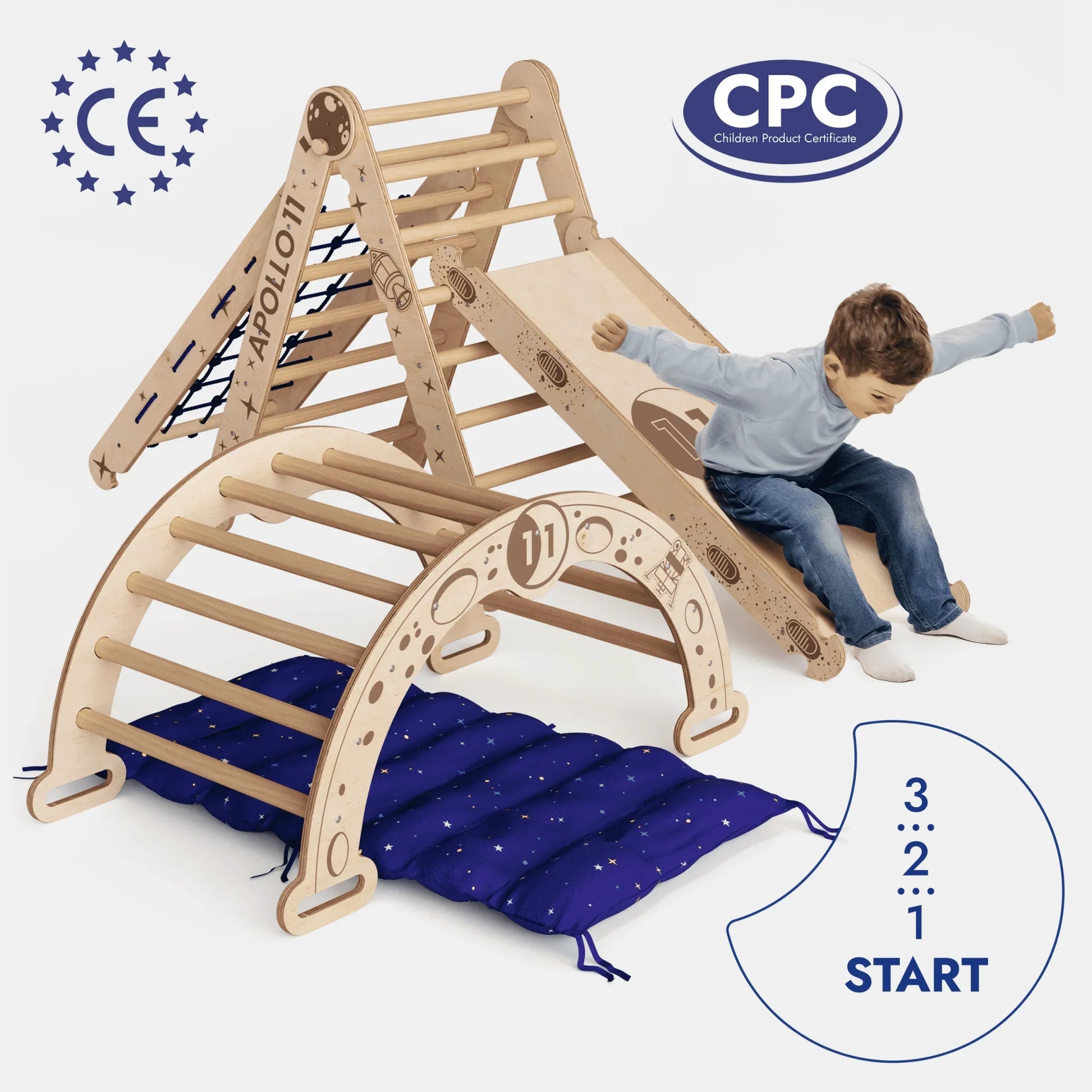 Apollo 5-in-1 Kletterset für Kinder aus Holz mit Pikler Dreieck, Kletterbogen, Rutschbrett, Kissen und Netz, sehrsuperb
