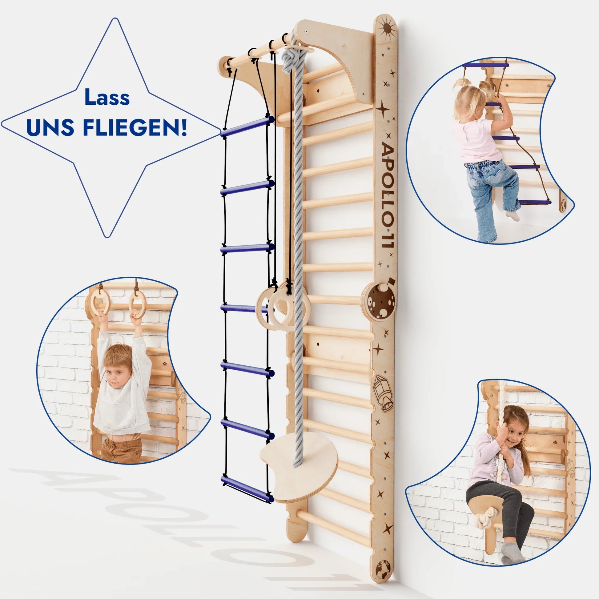 Apollo 11 Kletterleiter-Set aus Holz für Kinder, mit Sprossenwand, Kletterseil und Schaukel, Spielzeug für Bewegung und Entwicklung, Verysuperb