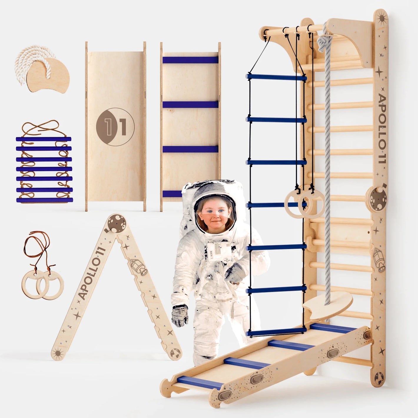Apollo Kletterleiter-Set aus Holz mit Sprossenwand, Mondschaukel, Astronaut-Kostüm, Kinderspielzeug von Verysuperb