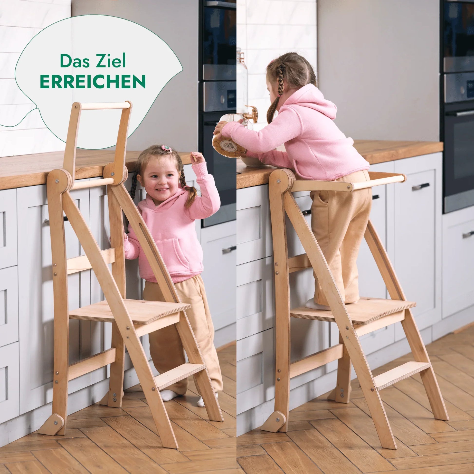 Kind auf Montessori Lernleiter aus Holz in moderner Küche, nachhaltiges Kindermöbel von verysuperb