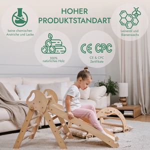 Montessori 4in1 Kletterdreieck Baby Set – Pikler-Dreieck mit Bogen, Rutsche & Kissen | Goodevas