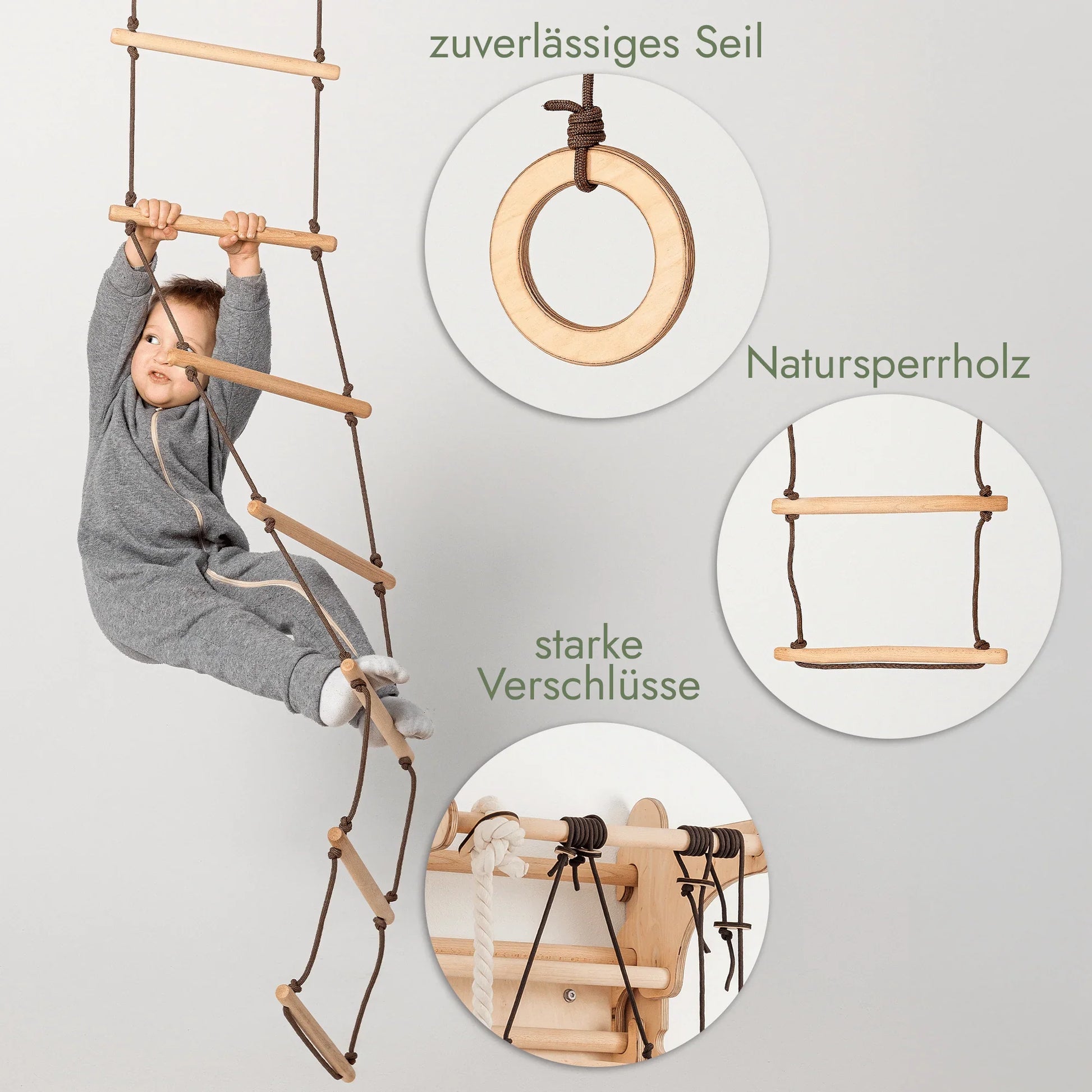 Kind schaukelt an Set mit Holzring, Strickleiter und Holzscheibe aus Naturholz, sicher befestigt