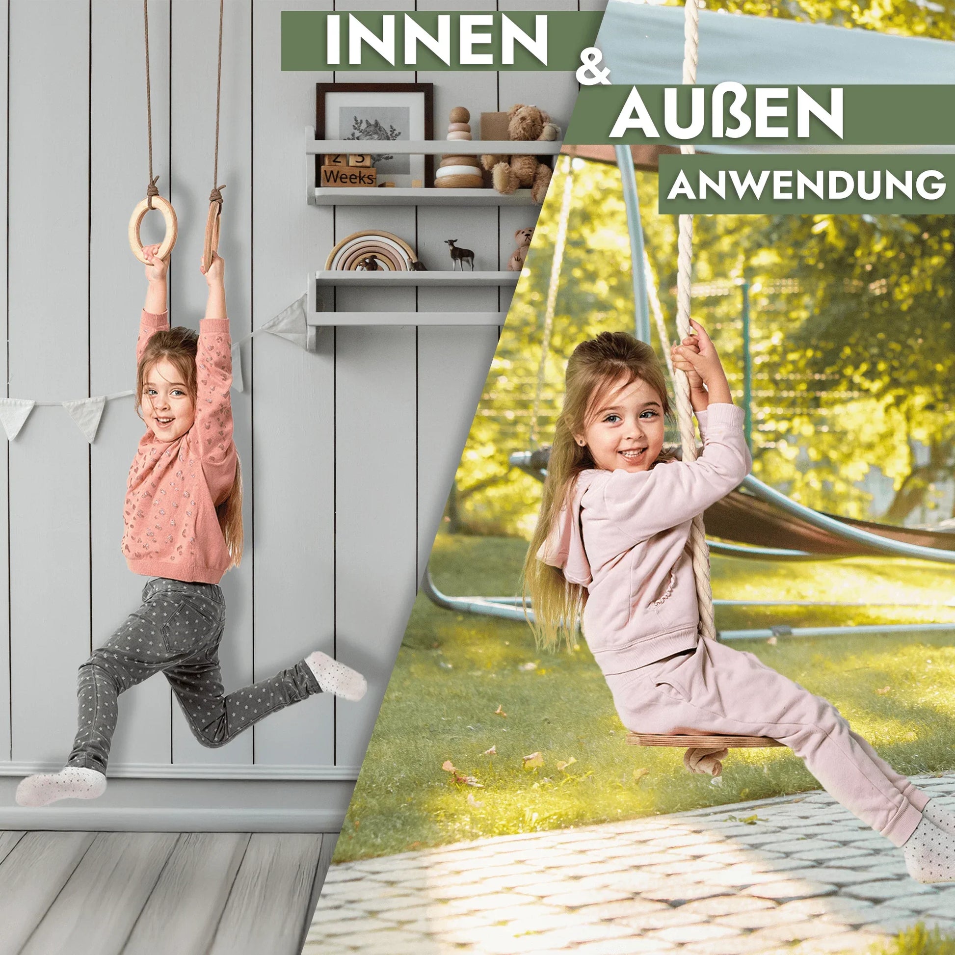 Set aus drei Holzschaukeln, Ringen und Strickleiter für Kinder, indoor und outdoor, bei verysuperb.